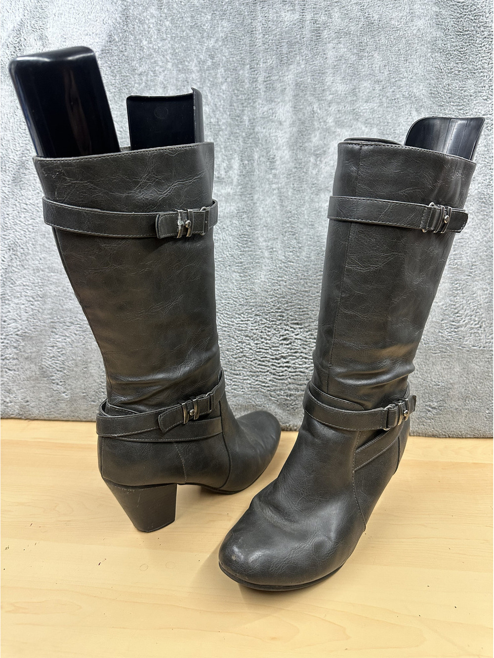 Relativity Black/Dark Grey Mid Calf Buckle Strap Boots